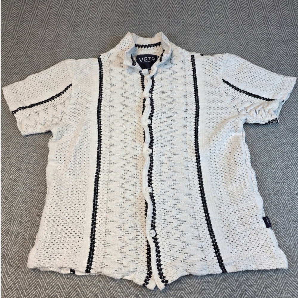 VSTR Mens White Black Striped Open Knit Crochet Short Sleeve Button Down Shirt S